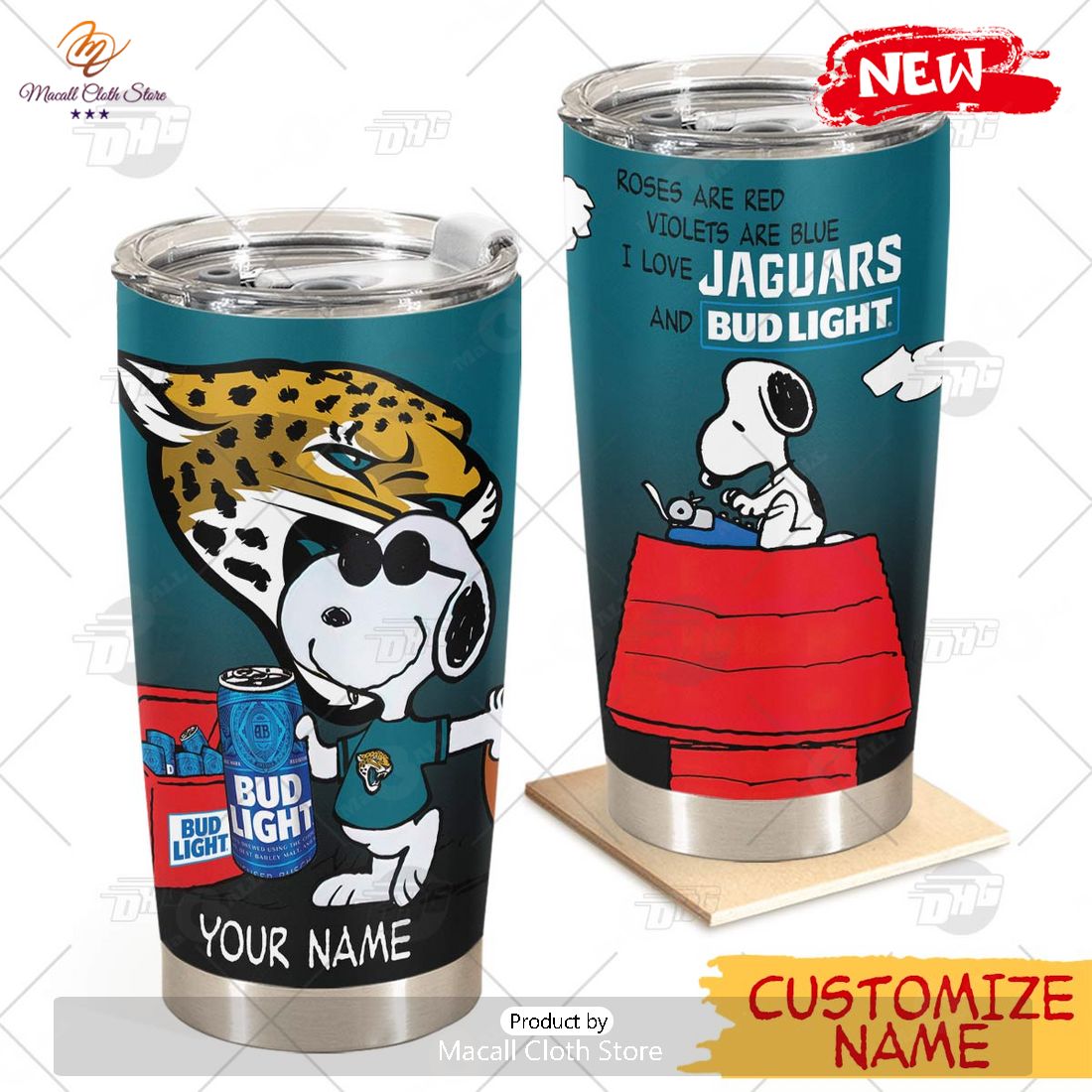 HOT Personalized NFL Jacksonville Jaguar Snoopy BUD LIGHT Beer Lover Stainless Steel Tumbler