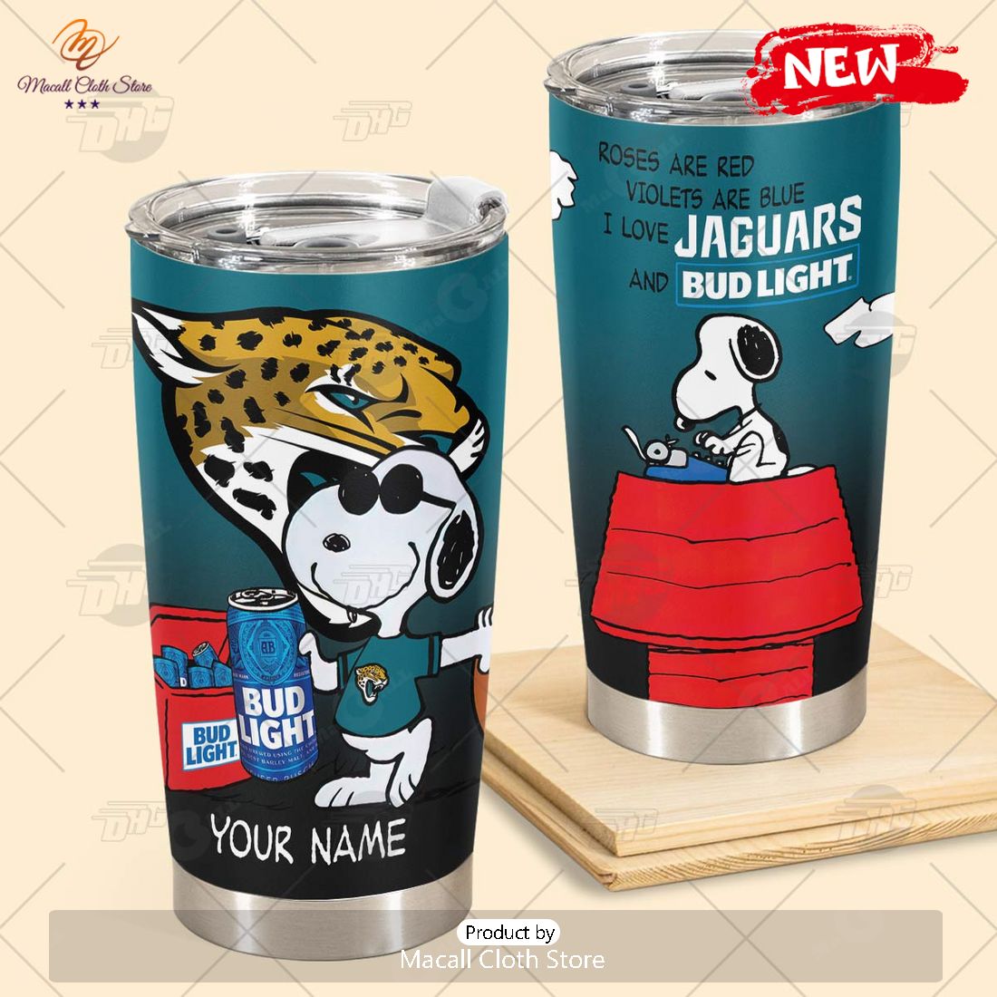 HOT Personalized NFL Jacksonville Jaguar Snoopy BUD LIGHT Beer Lover Stainless Steel Tumbler
