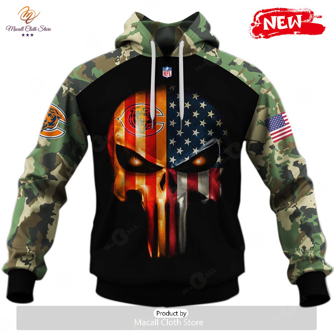 HOT Chicago Bears Army Camouflage American Flag Punisher Skull Limited Edition Hoodie Sweatshirt 3D HOT Chicago Bears Army Camouflage American Flag Punisher Skull Limited Edition Hoodie Sweatshirt 3D