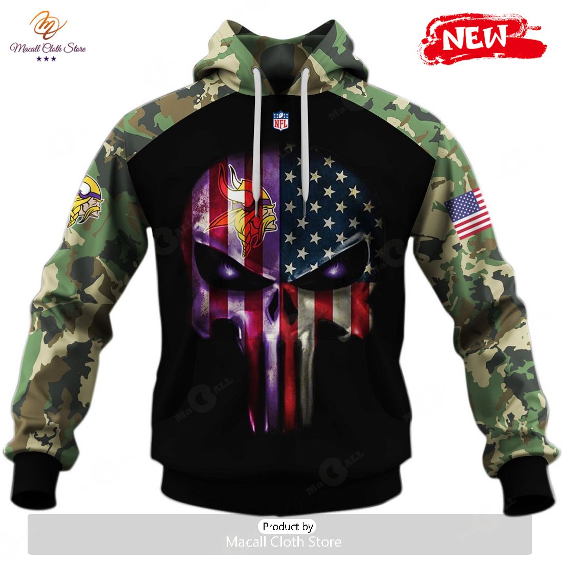 HOT Minnesota Vikings Army Camouflage American Flag Punisher Skull Limited Edition Hoodie Sweatshirt 3D HOT Minnesota Vikings Army Camouflage American Flag Punisher Skull Limited Edition Hoodie Sweatshirt 3D