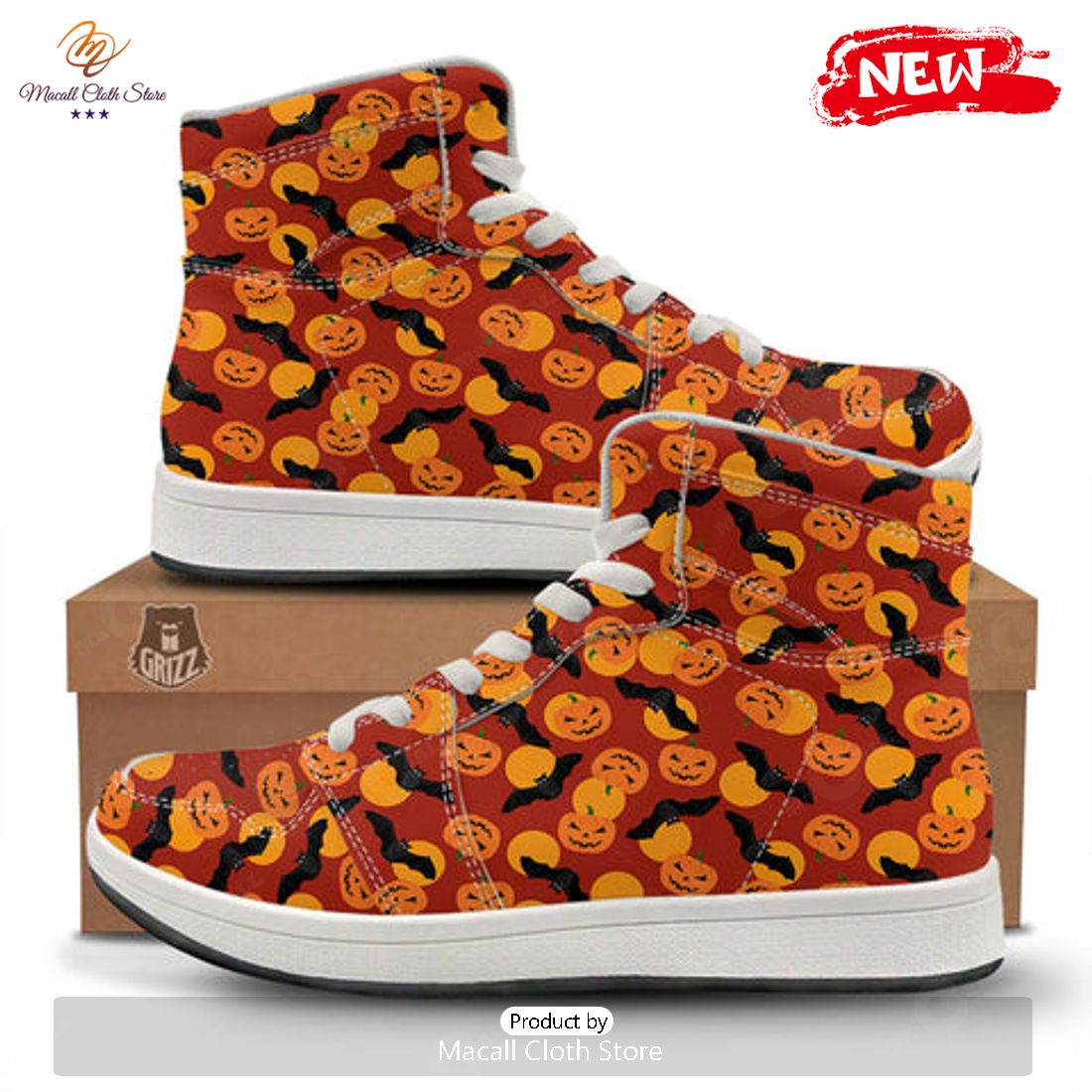 HOT Bat And Pumpkin Halloween Print Pattern High Top Sneakers HOT Bat And Pumpkin Halloween Print Pattern High Top Sneakers