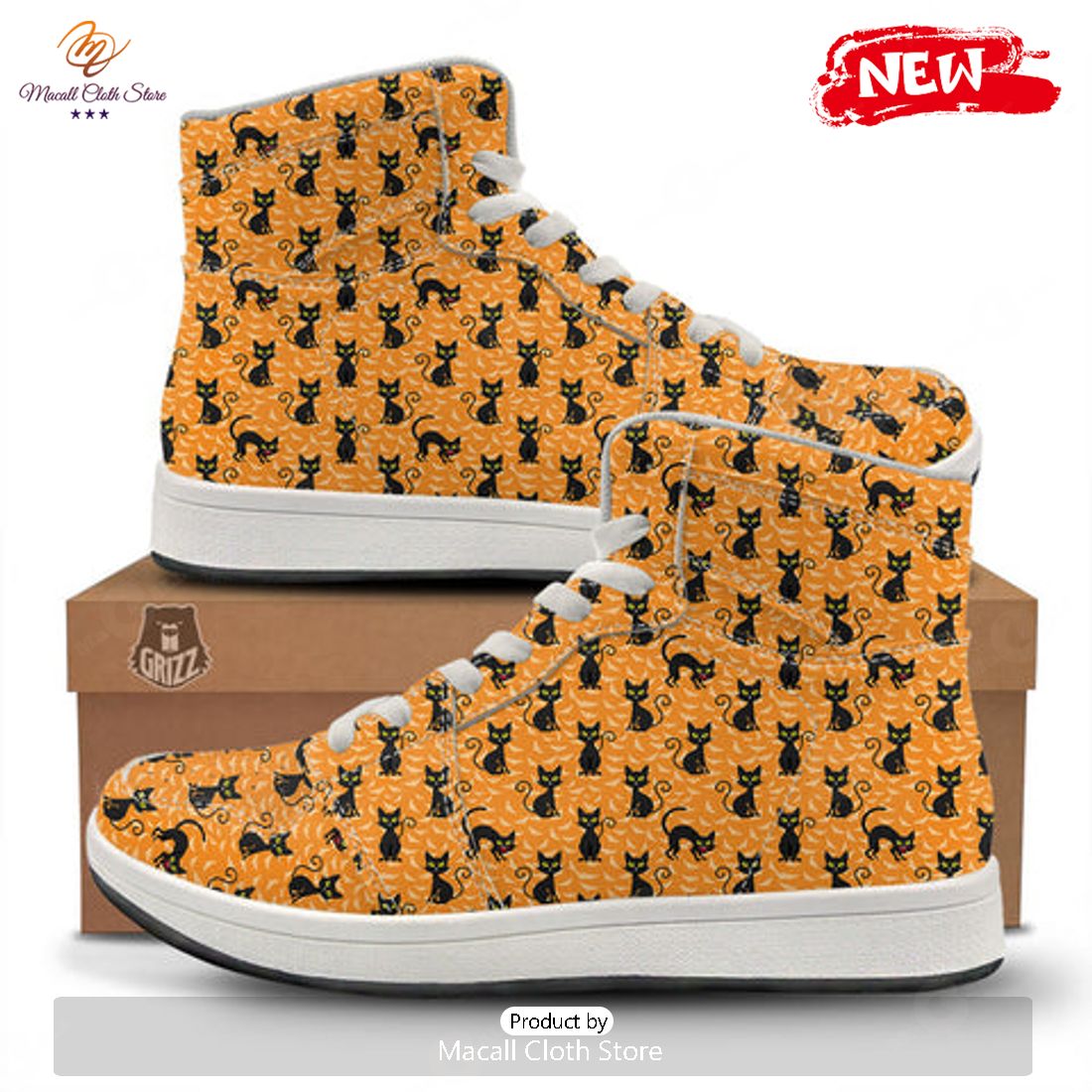 HOT Black Cat Halloween Print Pattern High Top Sneakers HOT Black Cat Halloween Print Pattern High Top Sneakers