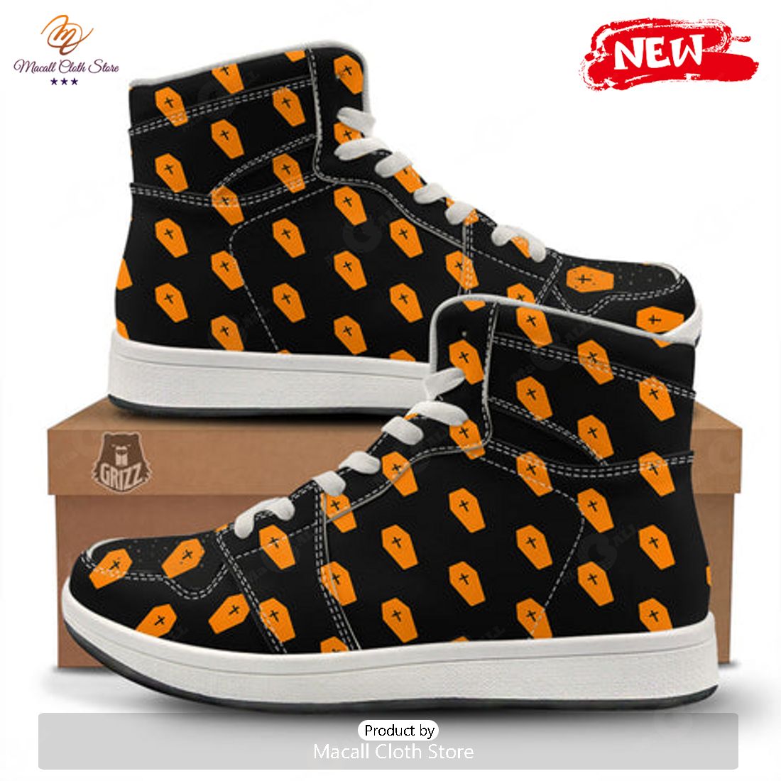 HOT Coffin Orange Halloween Print Pattern High Top Sneakers HOT Coffin Orange Halloween Print Pattern High Top Sneakers