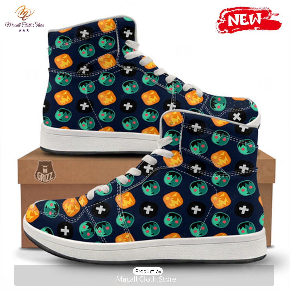 HOT Frankenstein Face Halloween Print Pattern High Top Sneakers HOT Frankenstein Face Halloween Print Pattern High Top Sneakers