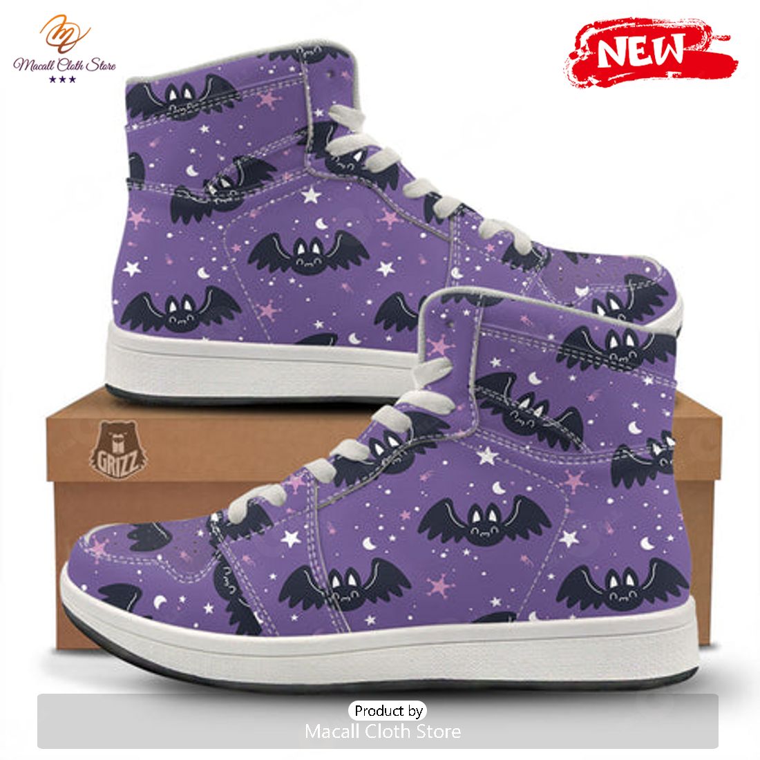 HOT Halloween Bat Black And Purple Print High Top Sneakers HOT Halloween Bat Black And Purple Print High Top Sneakers