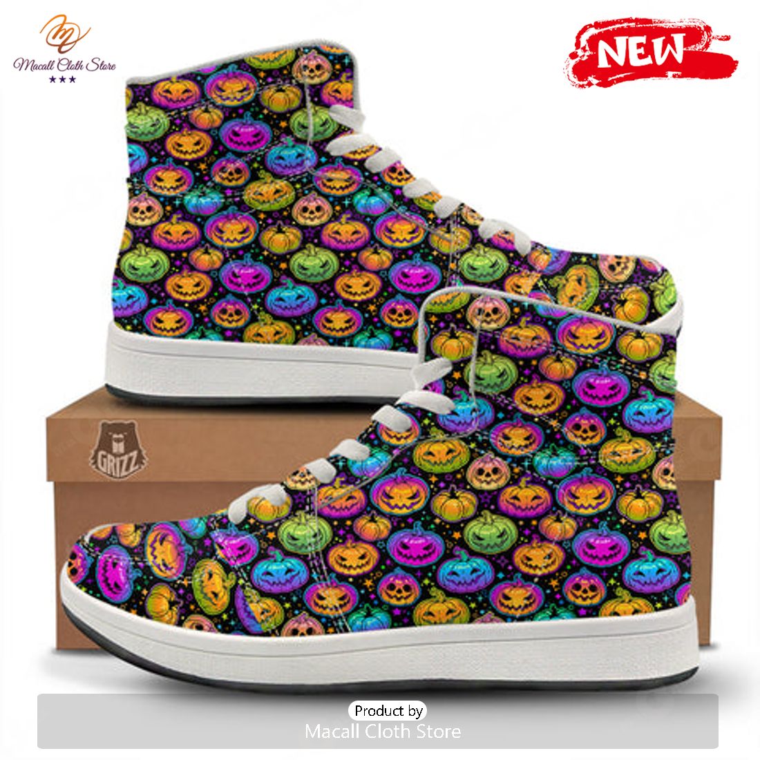 HOT Multicolored Pumpkins Halloween Print Pattern High Top Sneakers HOT Multicolored Pumpkins Halloween Print Pattern High Top Sneakers