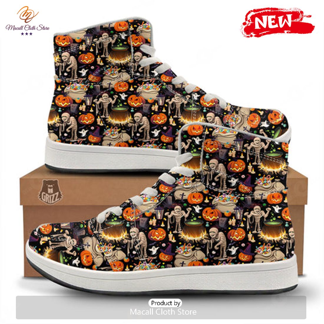 HOT Mummy And Pumpkins Halloween Print Pattern High Top Sneakers HOT Mummy And Pumpkins Halloween Print Pattern High Top Sneakers