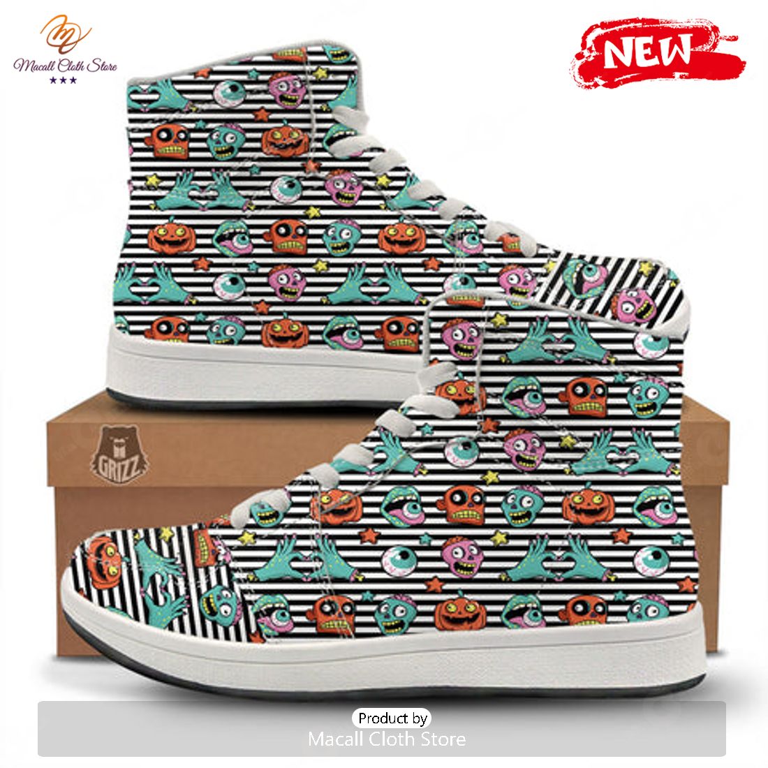 HOT Zombie Striped Halloween Print Pattern High Top Sneakers
