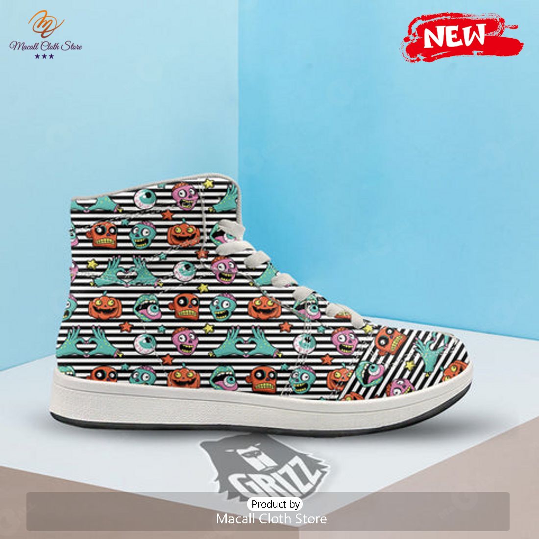 HOT Zombie Striped Halloween Print Pattern High Top Sneakers