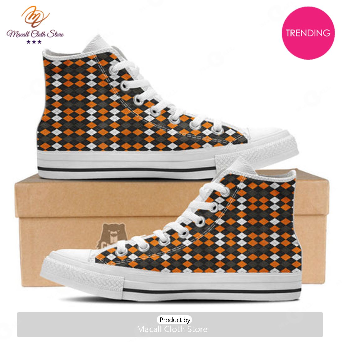 TRENDING Argyle Halloween Print Pattern White High Top Shoes TRENDING Argyle Halloween Print Pattern White High Top Shoes