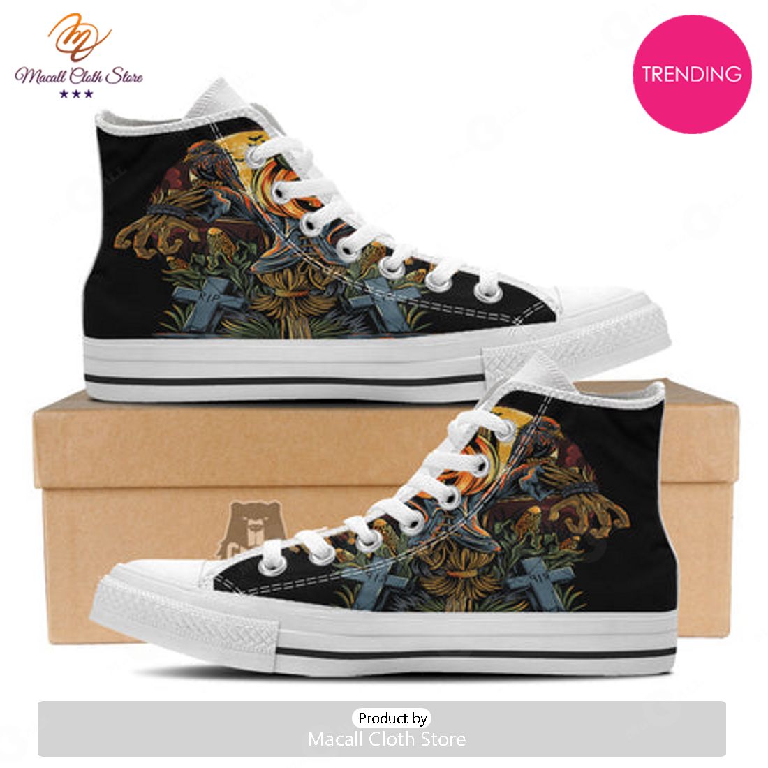 TRENDING Halloween Scarecrow Print White High Top Shoes TRENDING Halloween Scarecrow Print White High Top Shoes