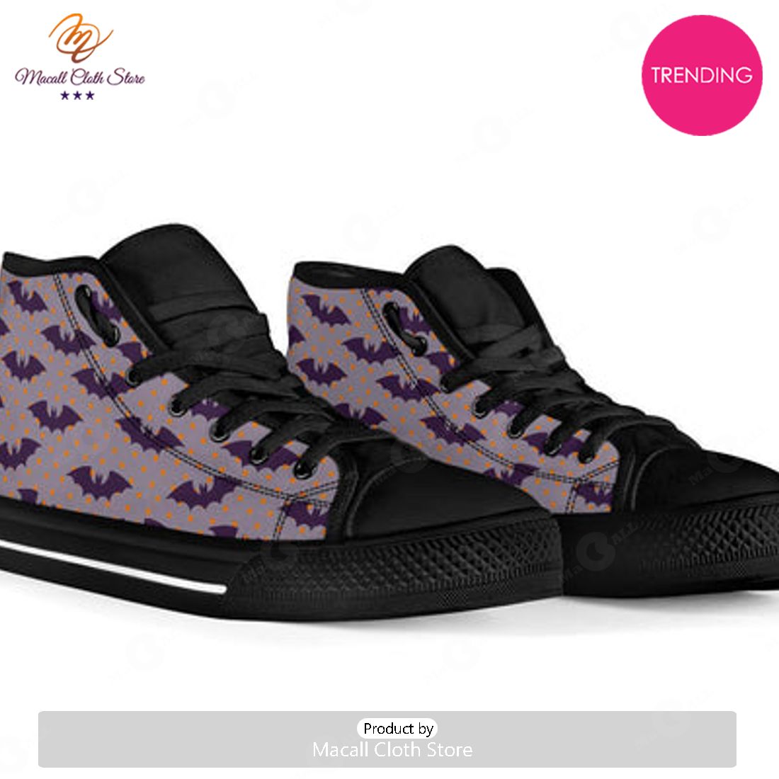 TRENDING Polka Dot Halloween Bat Pattern Print Men Women’s High Top Shoes