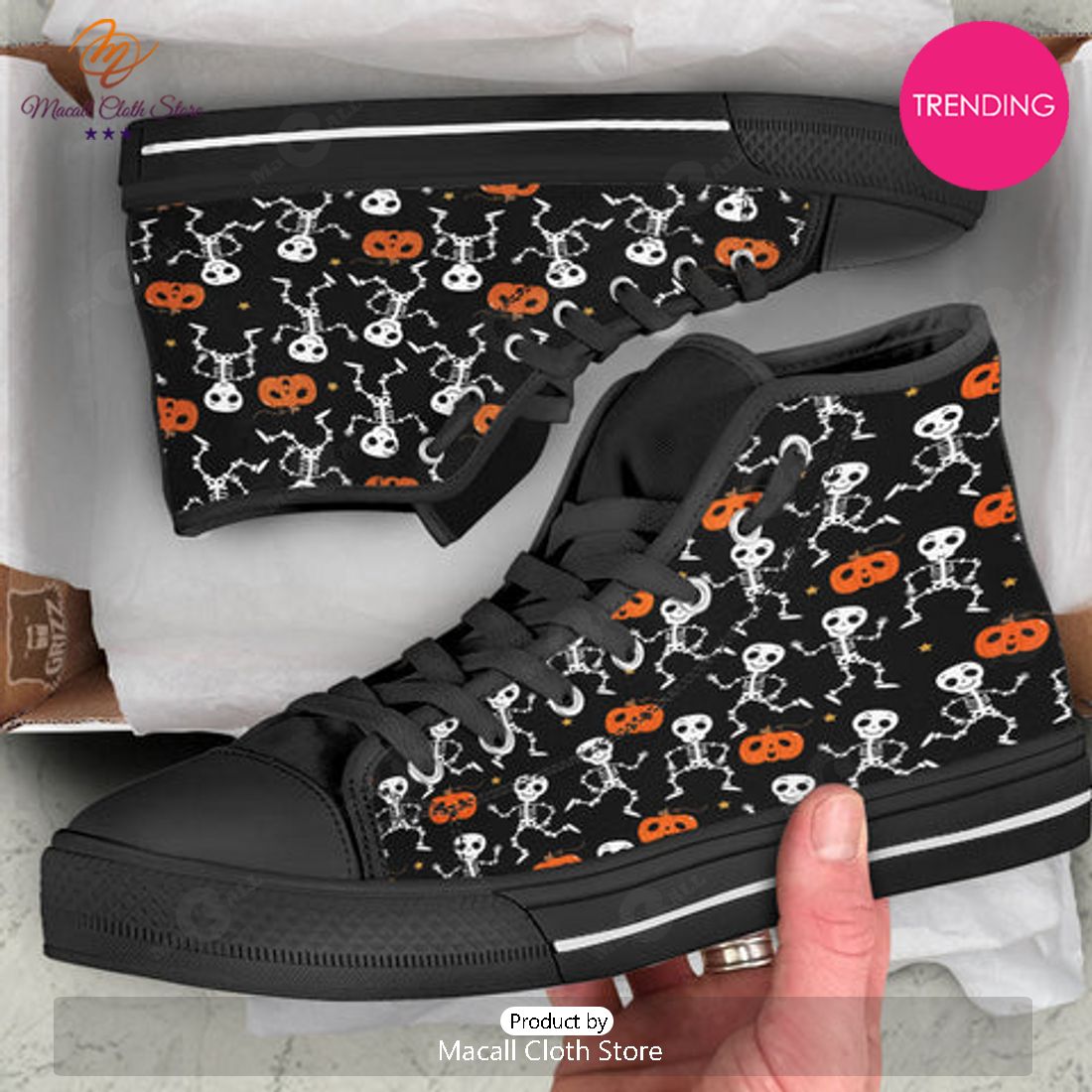 TRENDING Pumpkin And Skeleton Halloween Print High Top Shoes