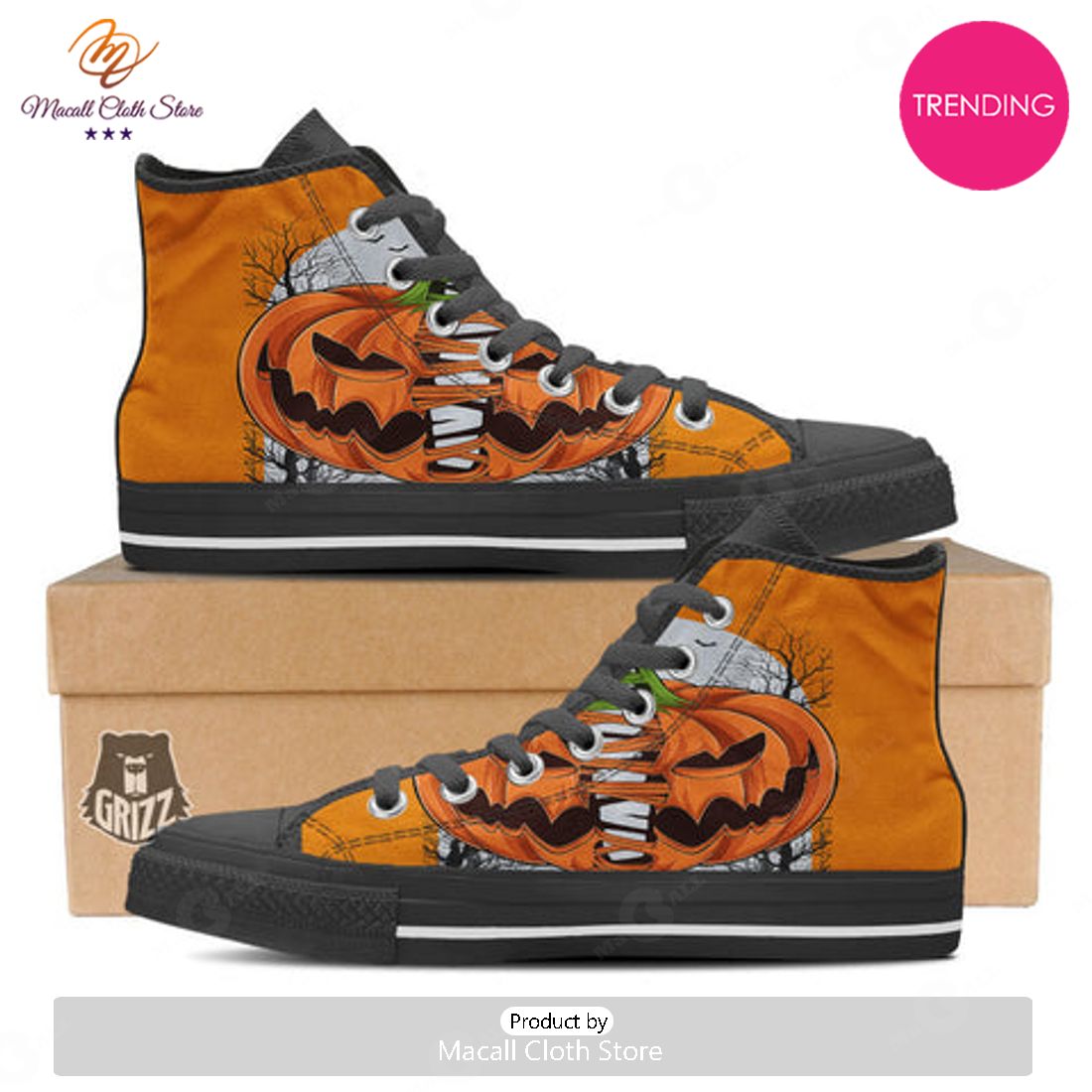 TRENDING Pumpkin Halloween Character Print Black High Top Shoes