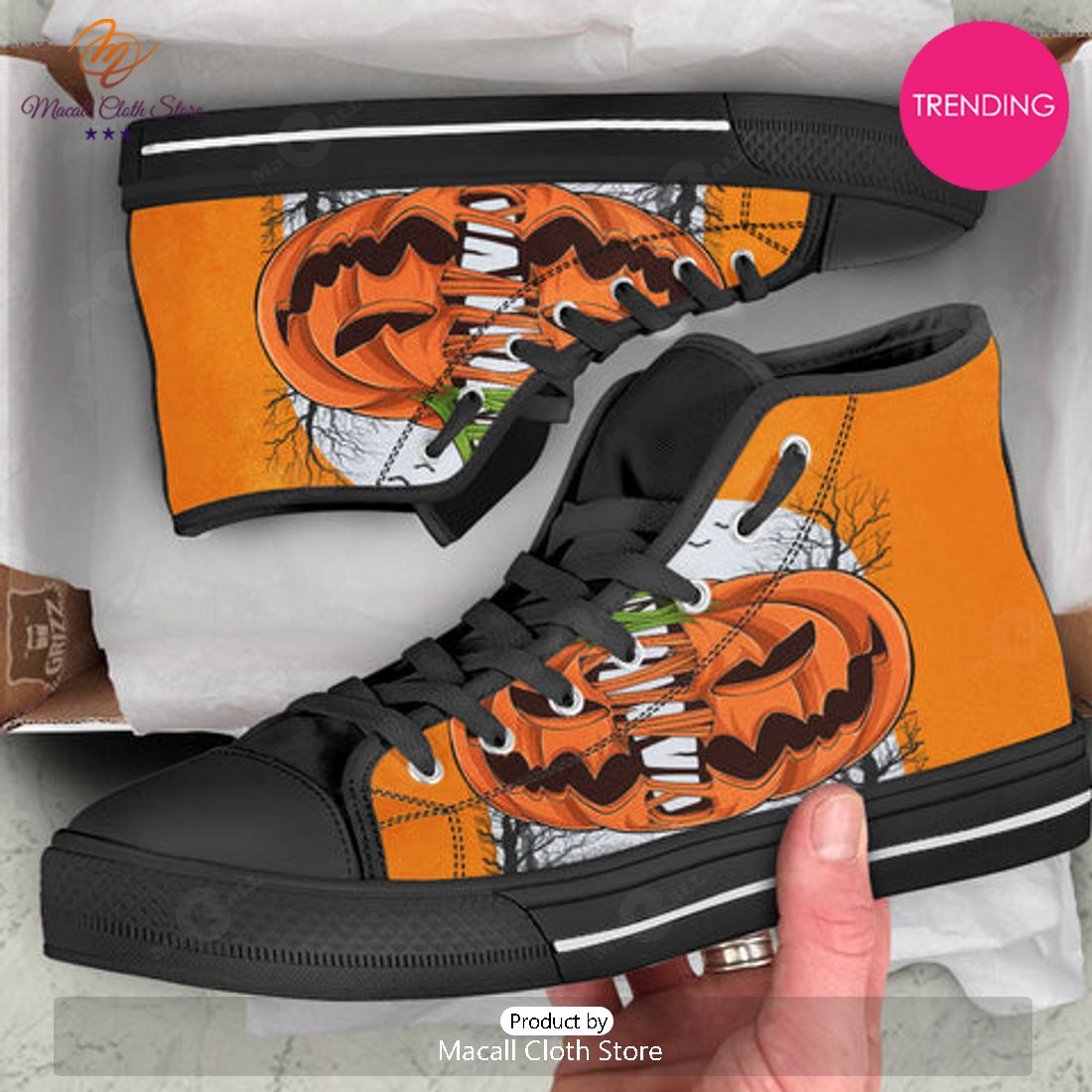TRENDING Pumpkin Halloween Character Print Black High Top Shoes