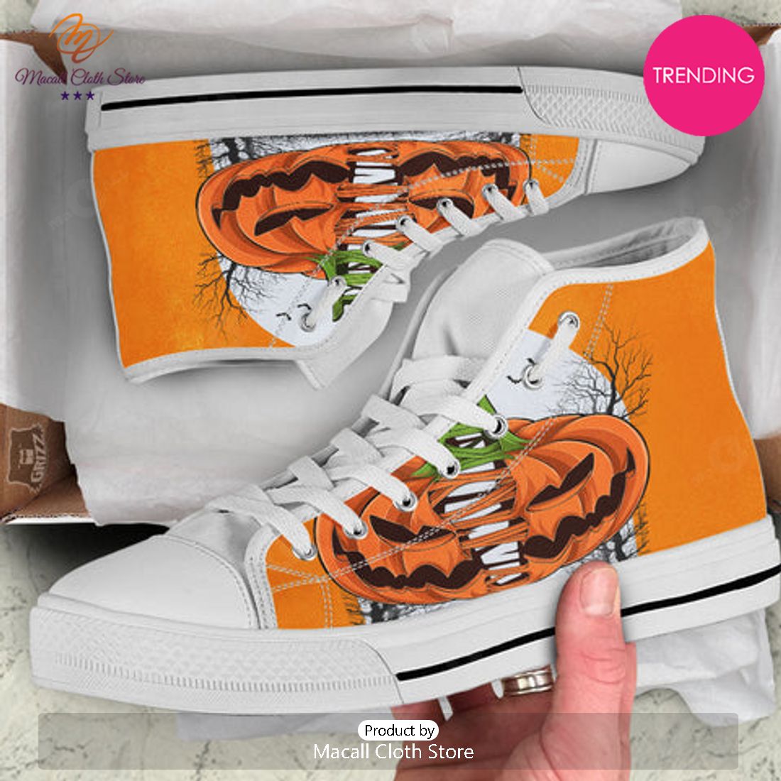 TRENDING Pumpkin Halloween Character Print White High Top Shoes