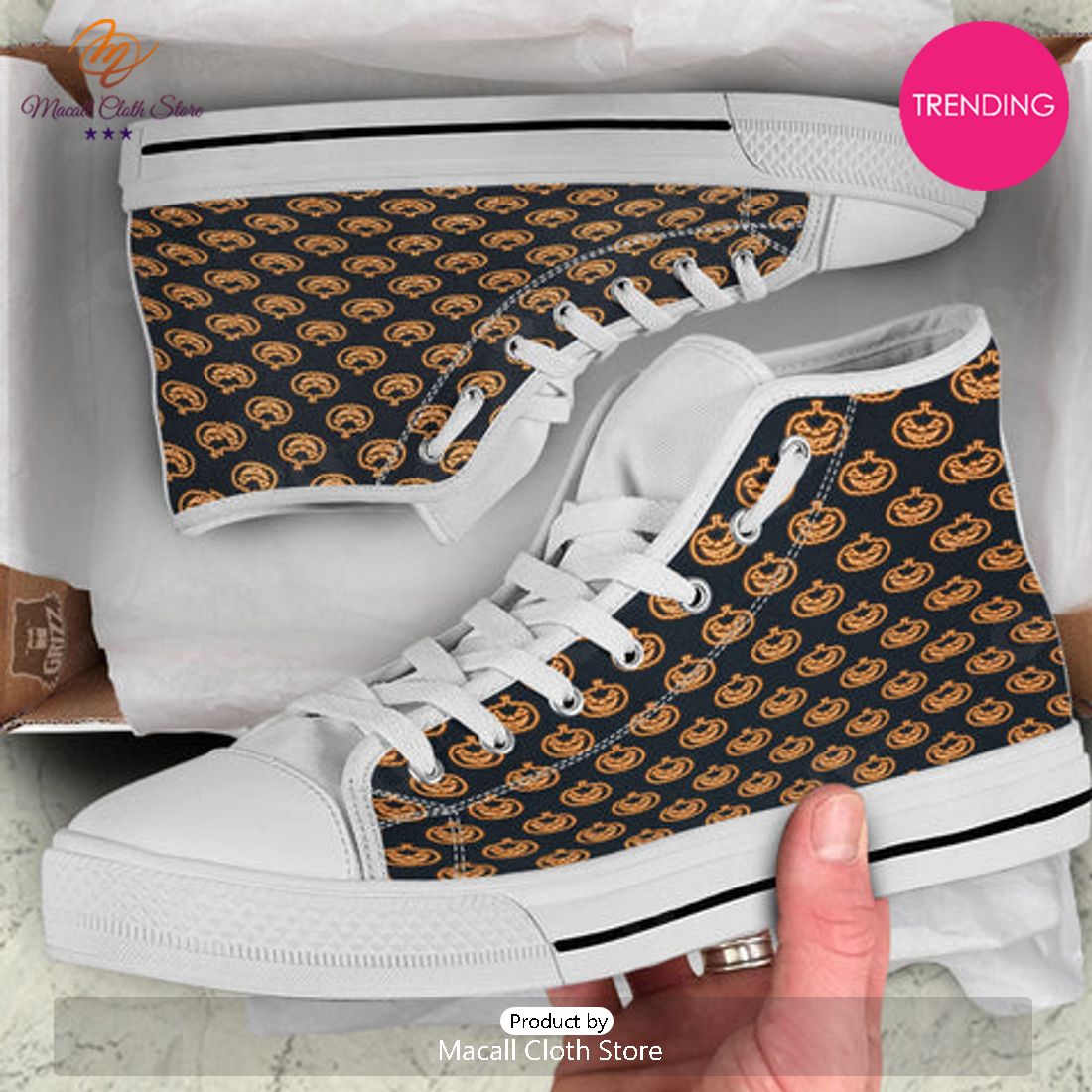 TRENDING Pumpkin Halloween Print Pattern White High Top Shoes