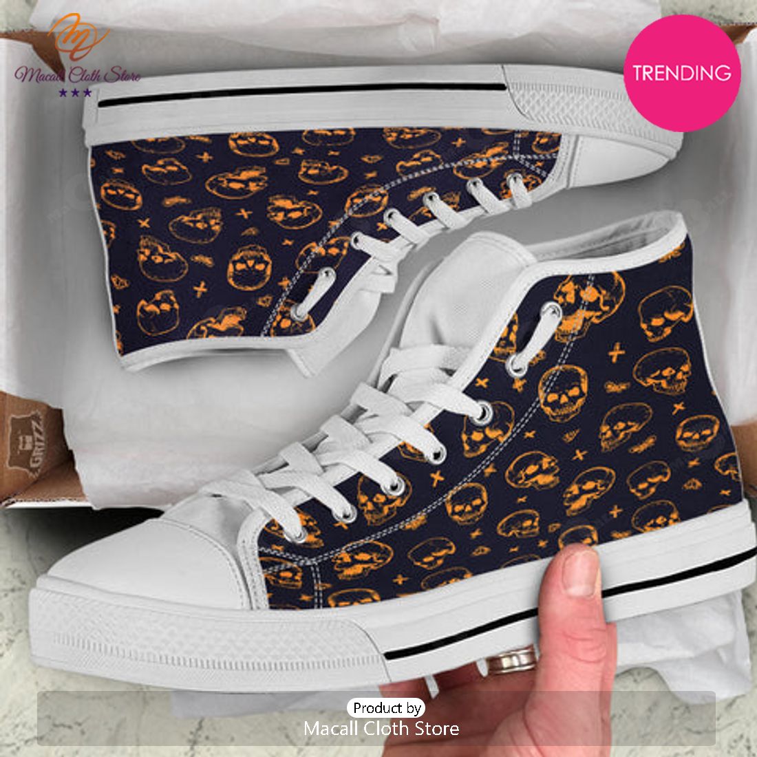 TRENDING Skull Halloween Print Pattern White High Top Shoes