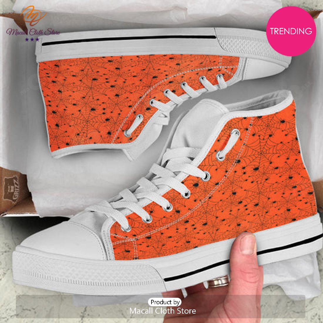 TRENDING Spider Halloween Print Pattern White High Top Shoes