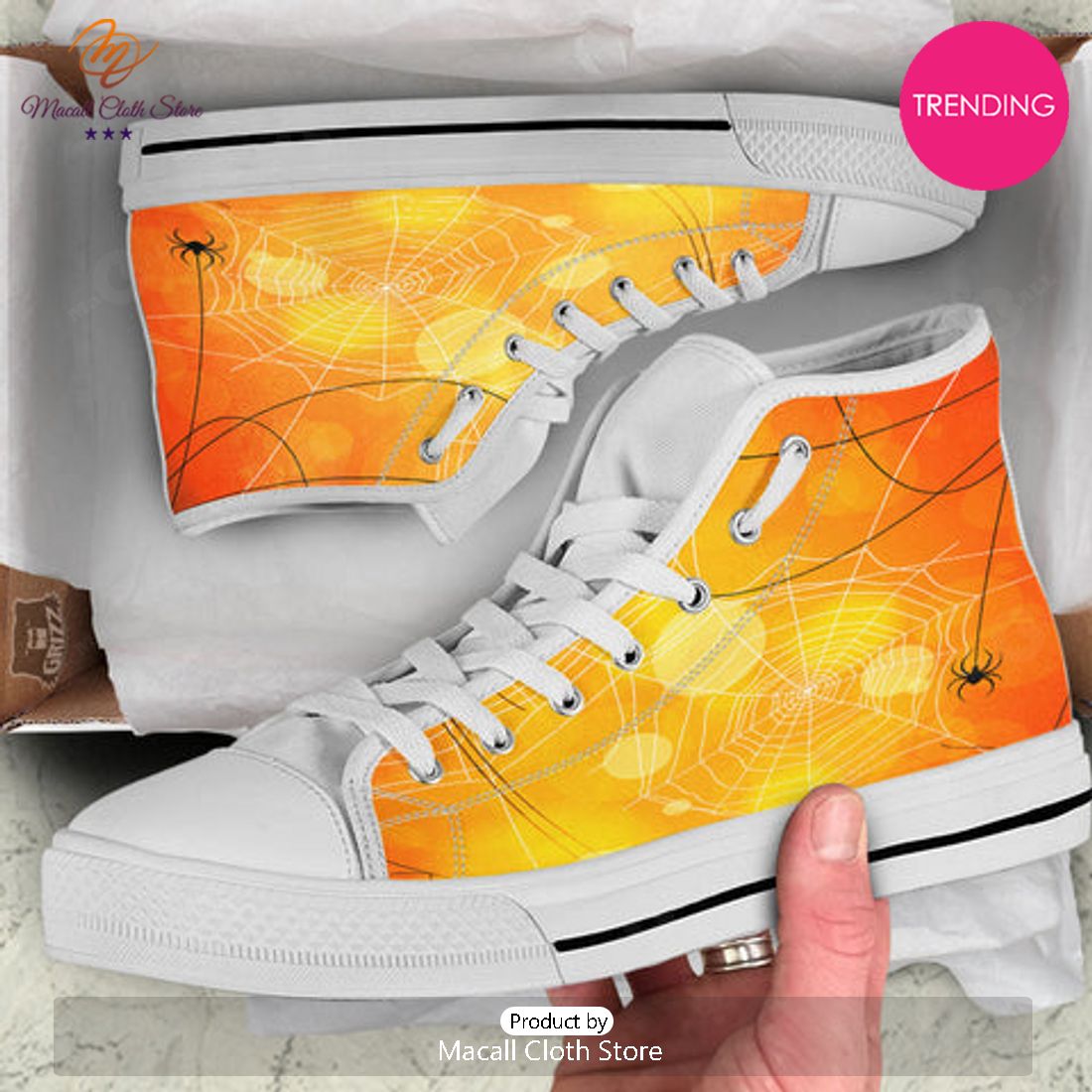 TRENDING Spider Web Halloween Print White High Top Shoes