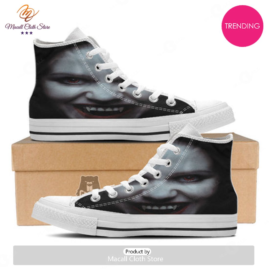 TRENDING Vampire Girl Halloween Print White High Top Shoes TRENDING Vampire Girl Halloween Print White High Top Shoes