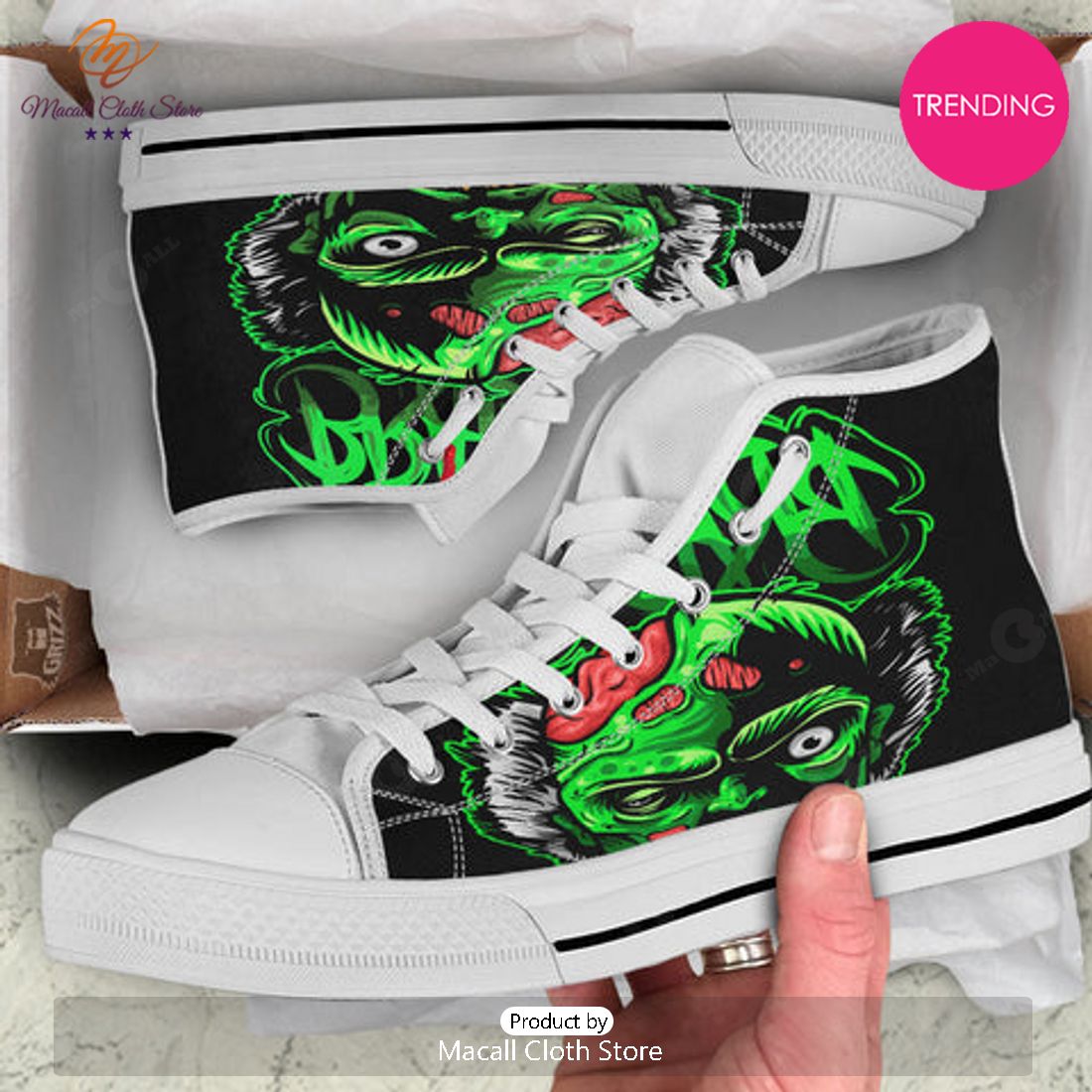 TRENDING Zombie Brain Halloween Print White High Top Shoes