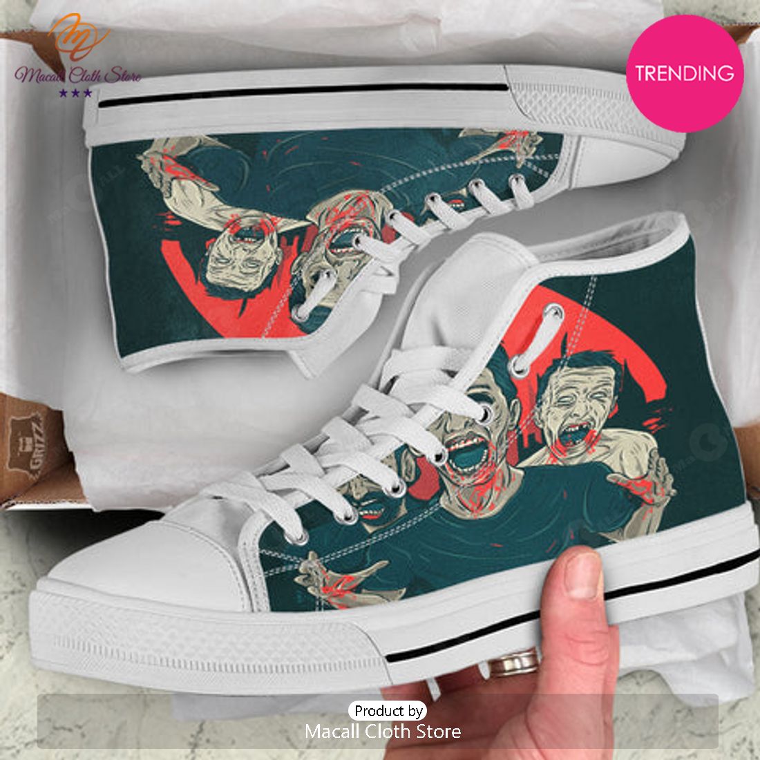 TRENDING Zombie Crowd Halloween Print White High Top Shoes
