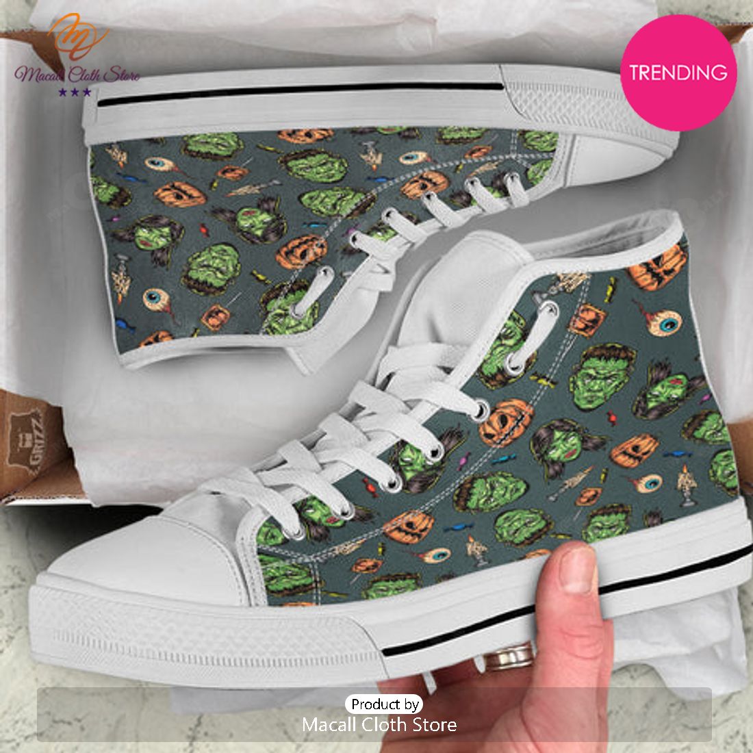 TRENDING Zombie Halloween Print Pattern White High Top Shoes