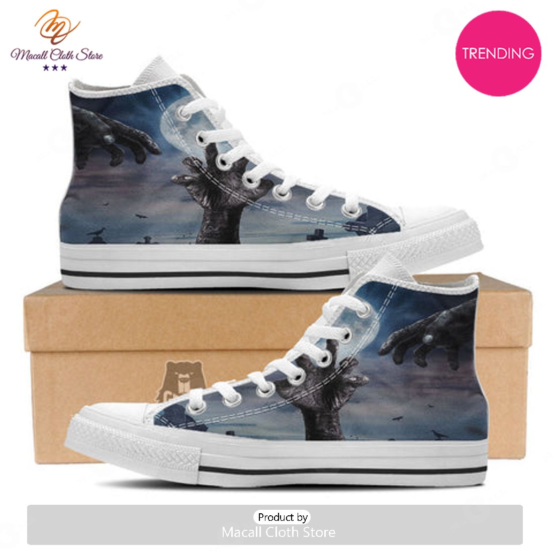 TRENDING Zombie Hands Halloween Print White High Top Shoes