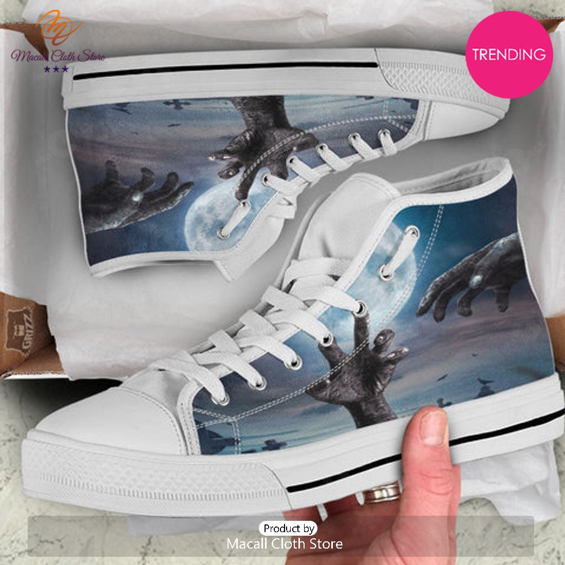 TRENDING Zombie Hands Halloween Print White High Top Shoes