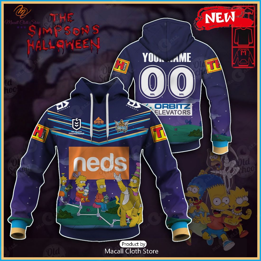 NEW Personalise NRL Gold Coast Titans x The Simpsons Halloween 2023 Jersey Hoodie 3D