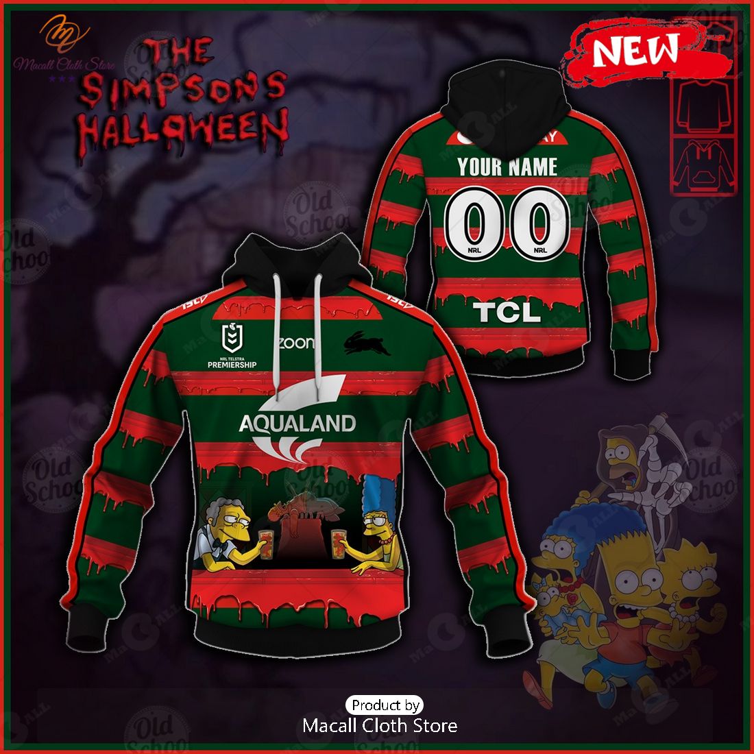 NEW Personalise NRL South Sydney Rabbitohs x The Simpsons 2023 Halloween Jersey Hoodie 3D