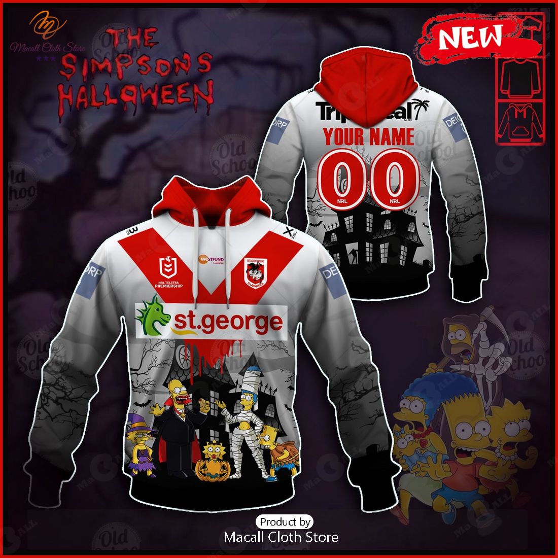 NEW Personalise NRL St. George Illawarra Dragons x The Simpsons 2023 Halloween Jersey Hoodie 3D