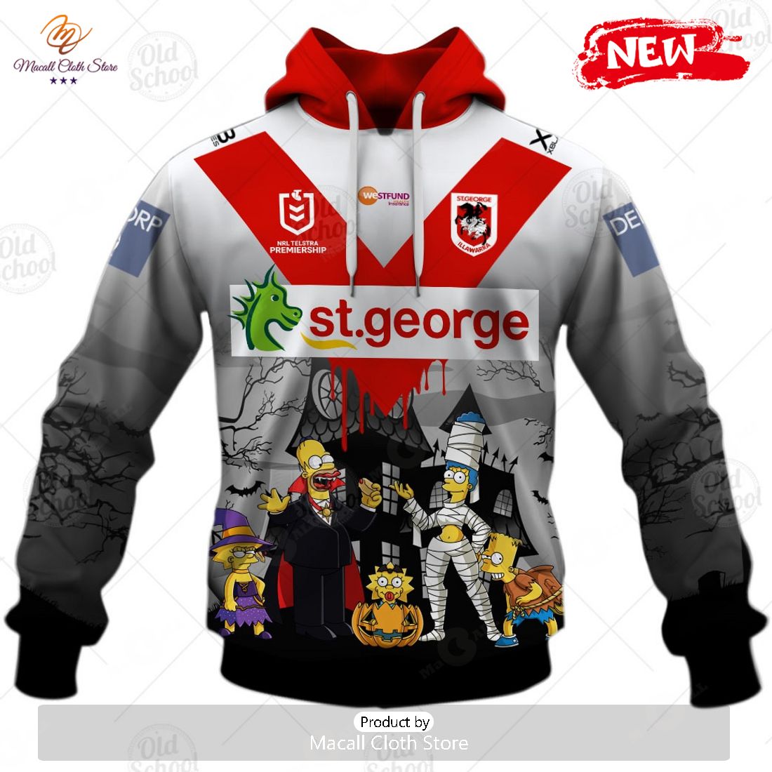 NEW Personalise NRL St. George Illawarra Dragons x The Simpsons 2023 Halloween Jersey Hoodie 3D