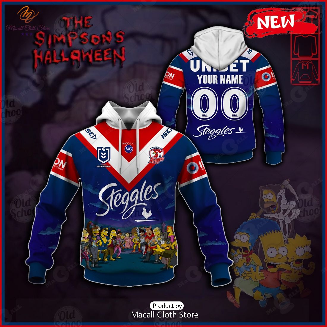 NEW Personalise NRL Sydney Roosters x The Simpsons 2023 Halloween Jersey Hoodie 3D