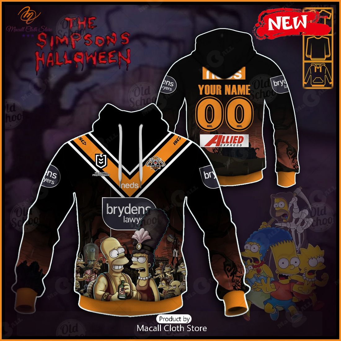NEW Personalise NRL Wests Tigers x The Simpsons 2023 Halloween Jersey Hoodie Sweatshirt 3D
