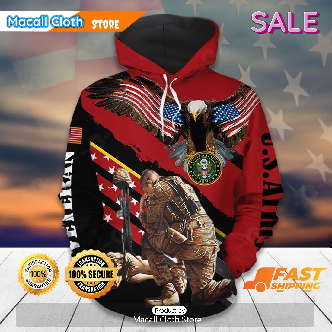 SALE Eagle With Kneeling Soldier And Battlefield Cross Armed Forces Army Military Soldier American Flag Veterans Day Hoodie Sweatshirt 3D