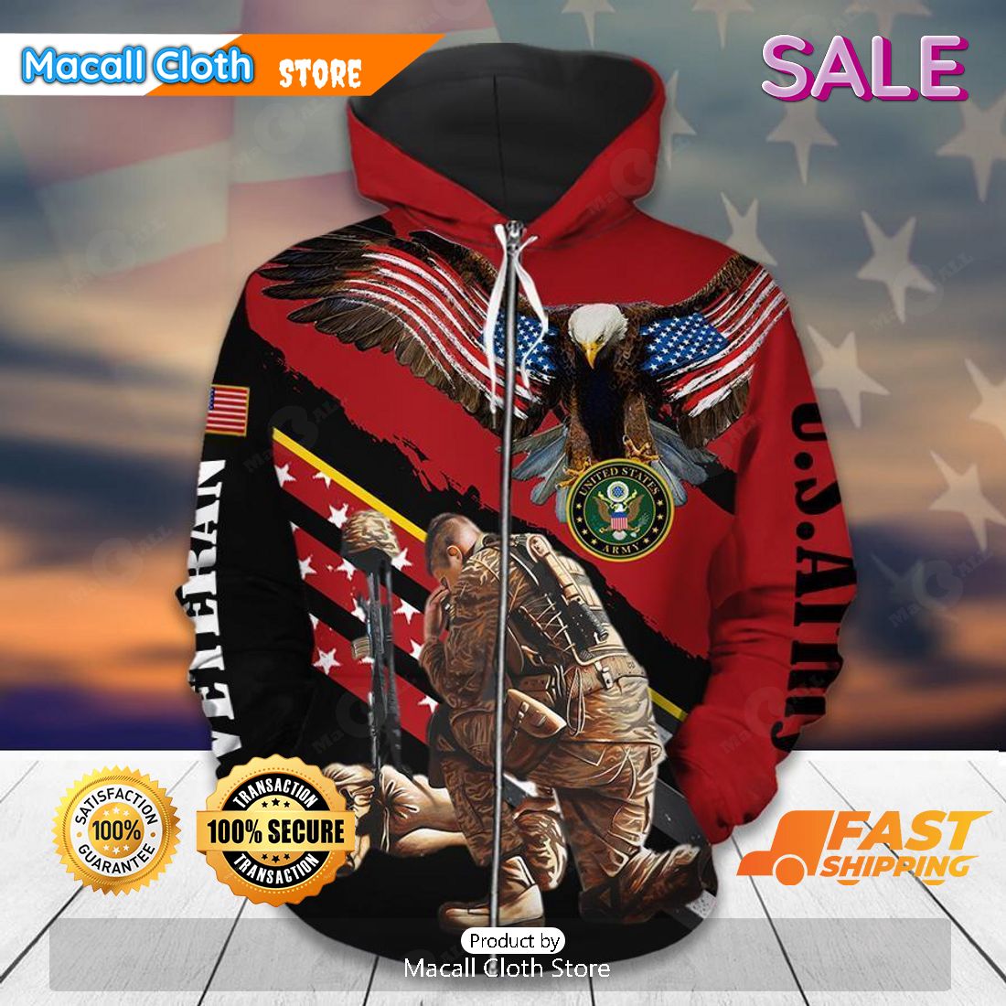 SALE Eagle With Kneeling Soldier And Battlefield Cross Armed Forces Army Military Soldier American Flag Veterans Day Hoodie Sweatshirt 3D