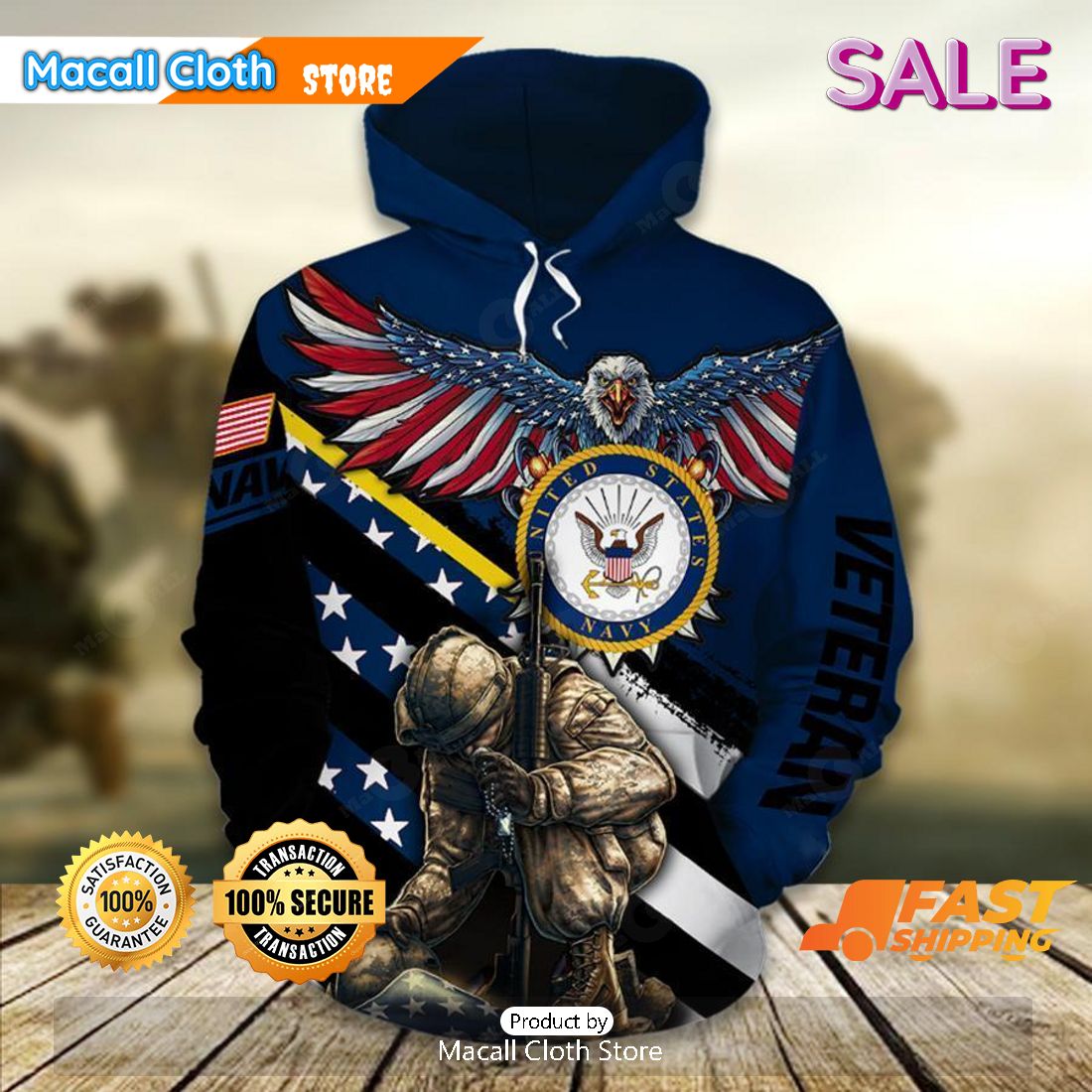SALE United States Navy American Flag With USN Logo And Kneeling Soldier Veterans Day Hoodie Sweatshirt 3D