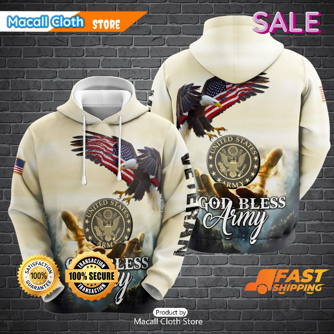 SALE Veteran God Bless Army United States Army Eagle With American Flag And God Hand Veterans Day Hoodie Sweatshirt 3D