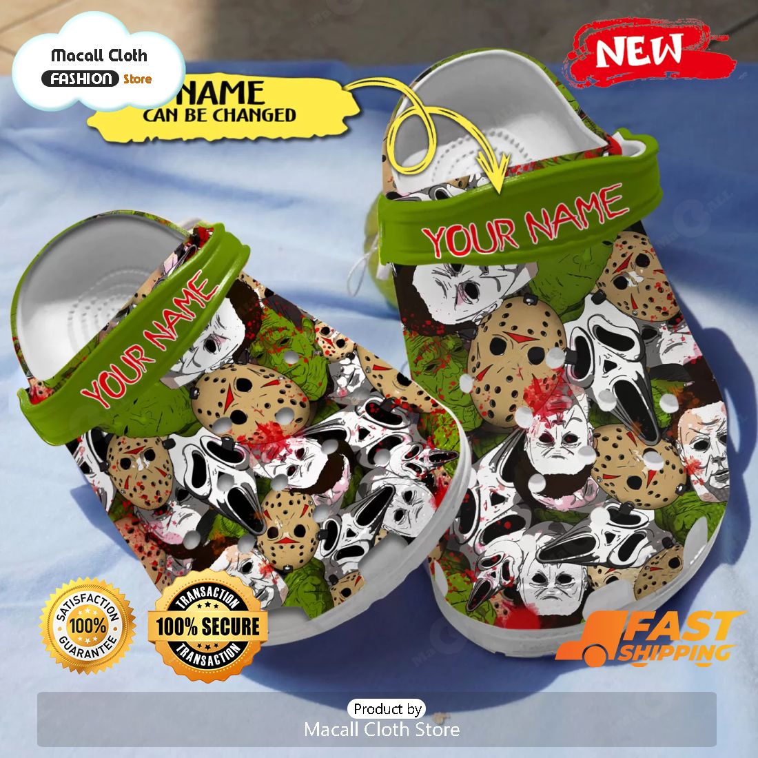 NEW Halloween Horror Face Custom Name Green Crocs
