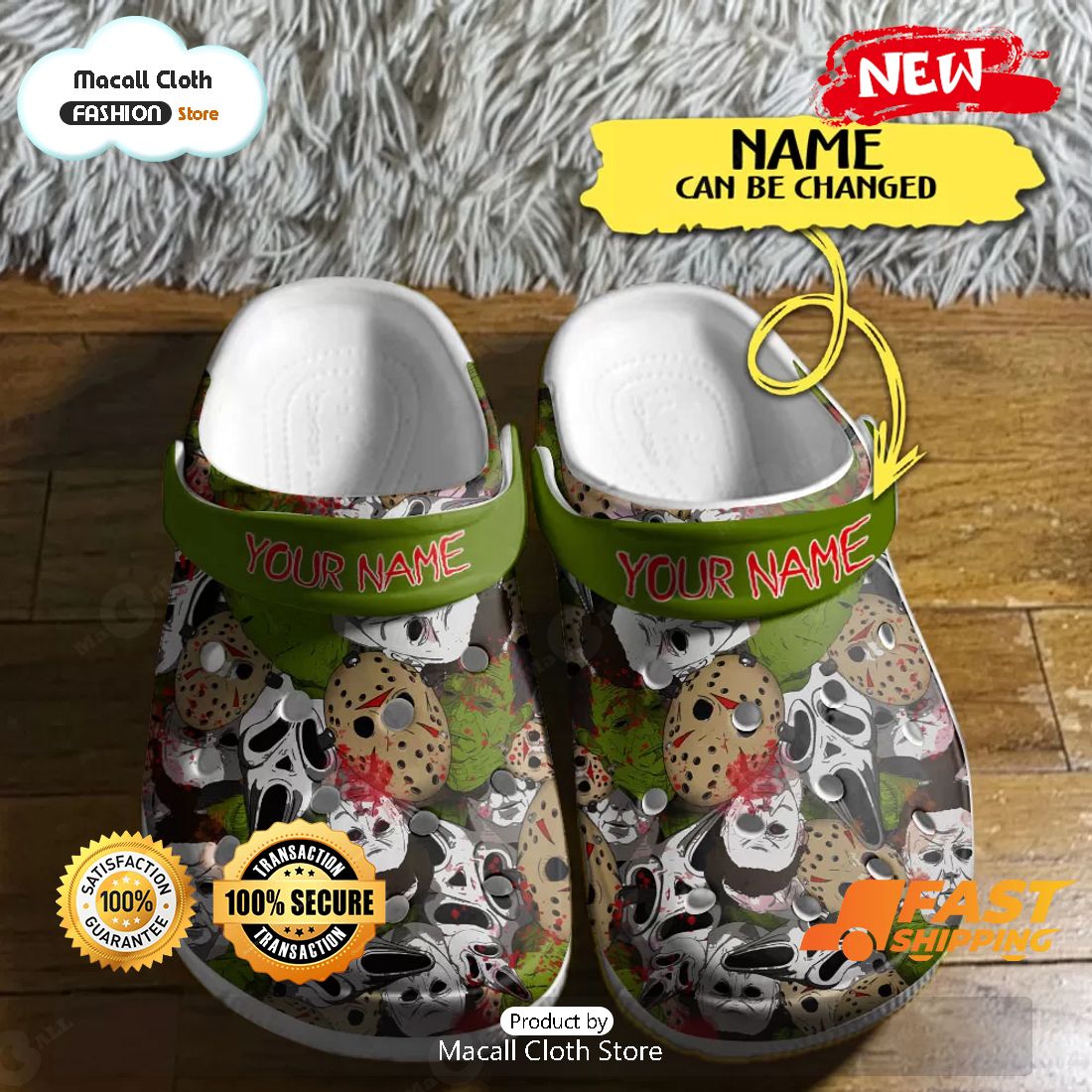 NEW Halloween Horror Face Custom Name Green Crocs