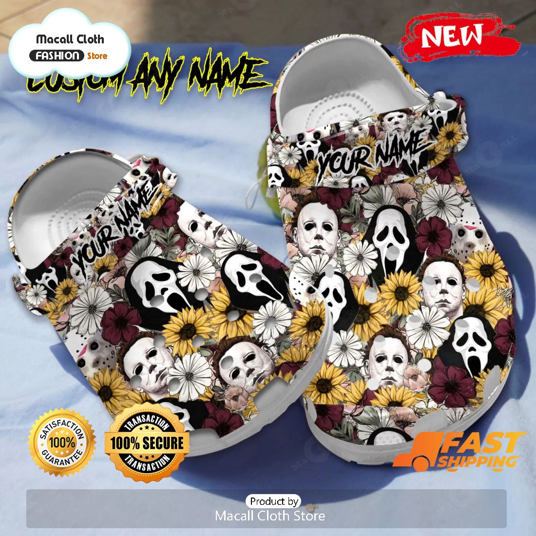 NEW Halloween Horror Face With Flowers Custom Name Crocs