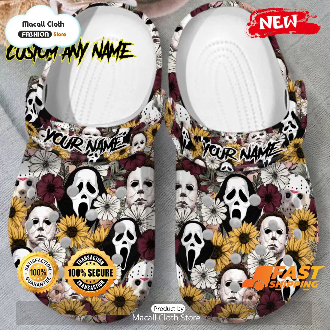 NEW Halloween Horror Face With Flowers Custom Name Crocs