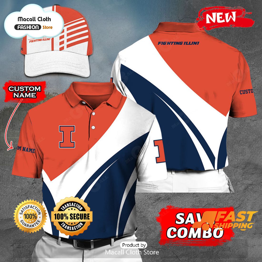 NEW Personalized NCAA Illinois Fighting Illini Gift Sports Fan Polo NEW Personalized NCAA Illinois Fighting Illini Gift Sports Fan Polo