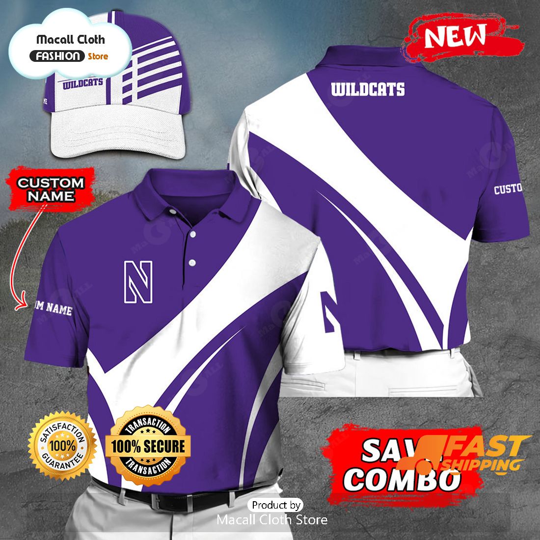 NEW Personalized NCAA Northwestern Wildcats Gift Sports Fan Polo NEW Personalized NCAA Northwestern Wildcats Gift Sports Fan Polo