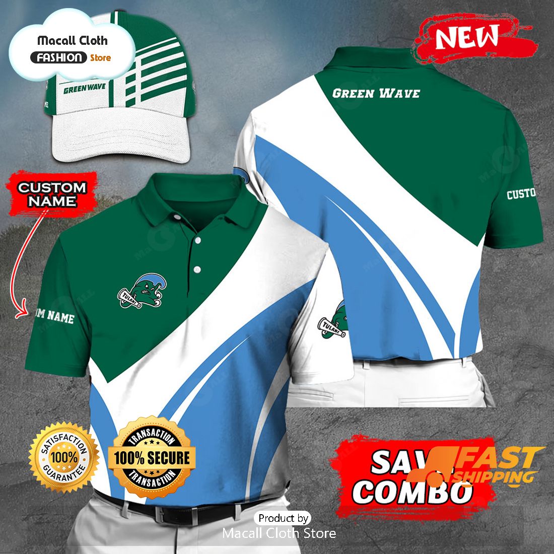 NEW Personalized NCAA Tulane Green Wave Gift Sports Fan Polo NEW Personalized NCAA Tulane Green Wave Gift Sports Fan Polo