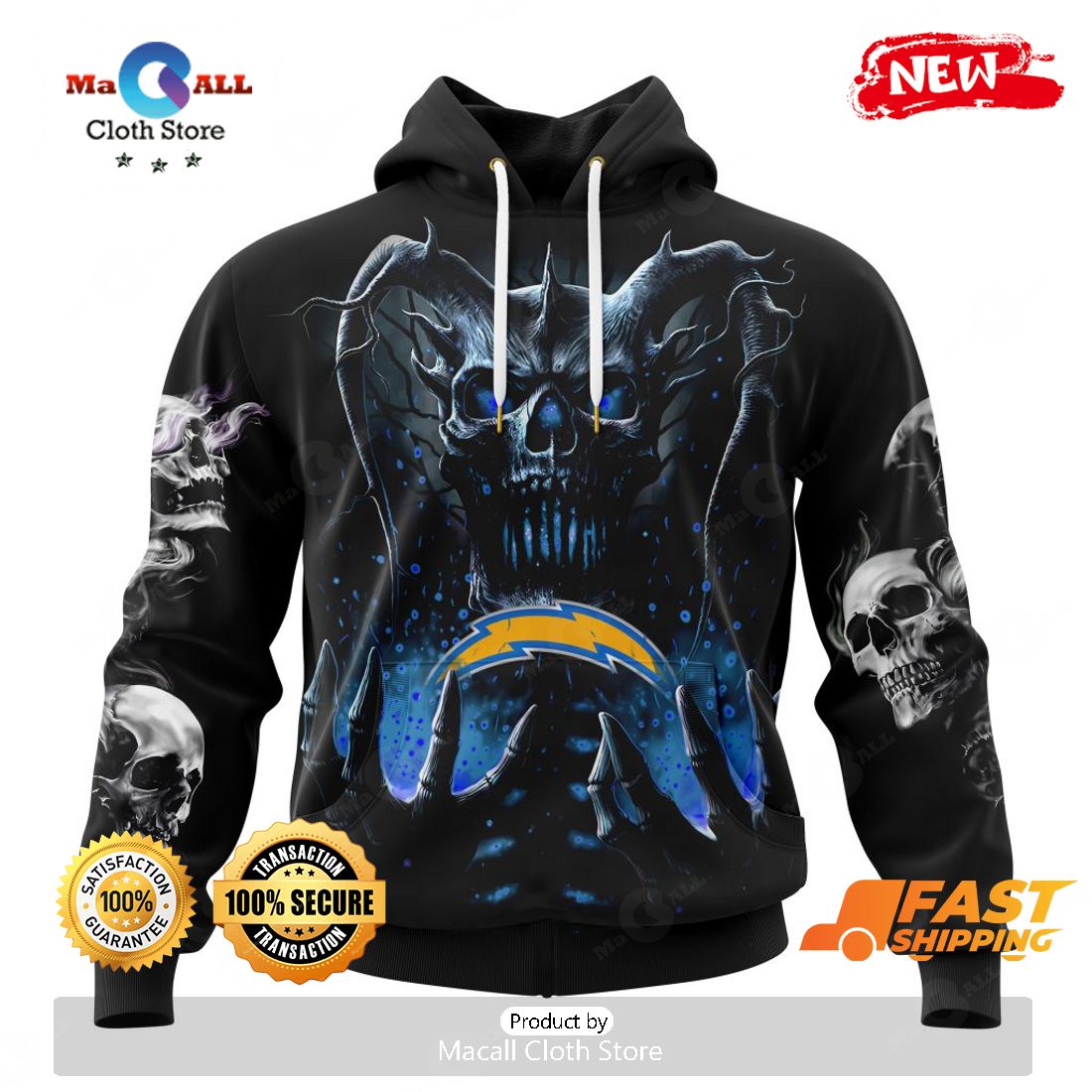 HOT NFL Personalized Los Angeles Chargers Special Skull Art Design Hoodie Sweatshirt 3D HOT NFL Personalized Los Angeles Chargers Special Skull Art Design Hoodie Sweatshirt 3D