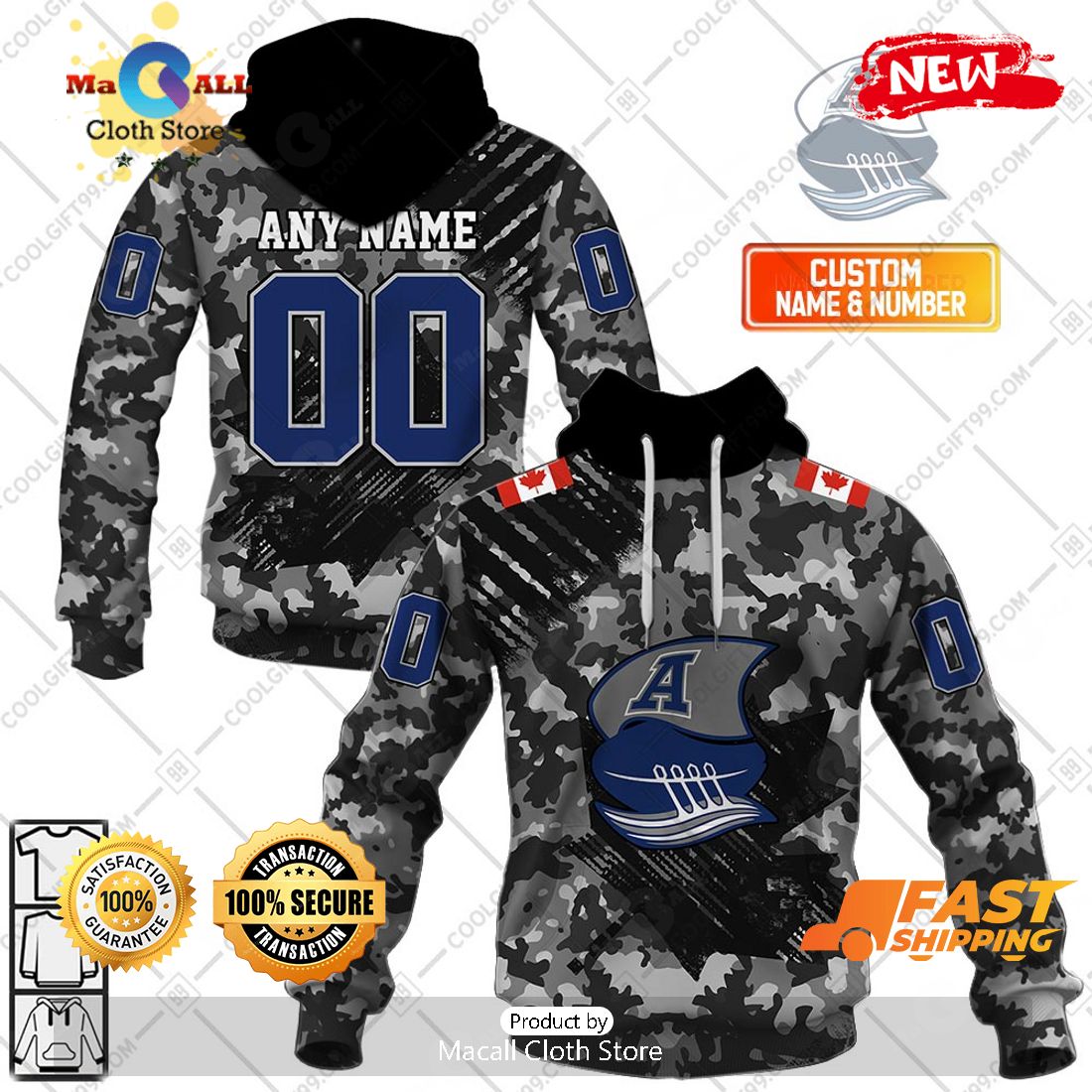 HOT Personalized CFL Toronto Argonauts Special Camo Armed Forces Design Hoodie Sweatshirt 3D