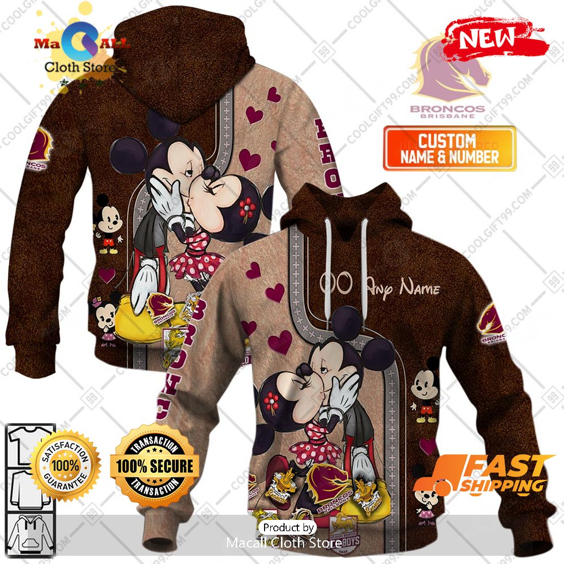 HOT Personalized NRL Brisbane Broncos Mickey and Minnie Design Hoodie Sweatshirt 3D HOT Personalized NRL Brisbane Broncos Mickey and Minnie Design Hoodie Sweatshirt 3D
